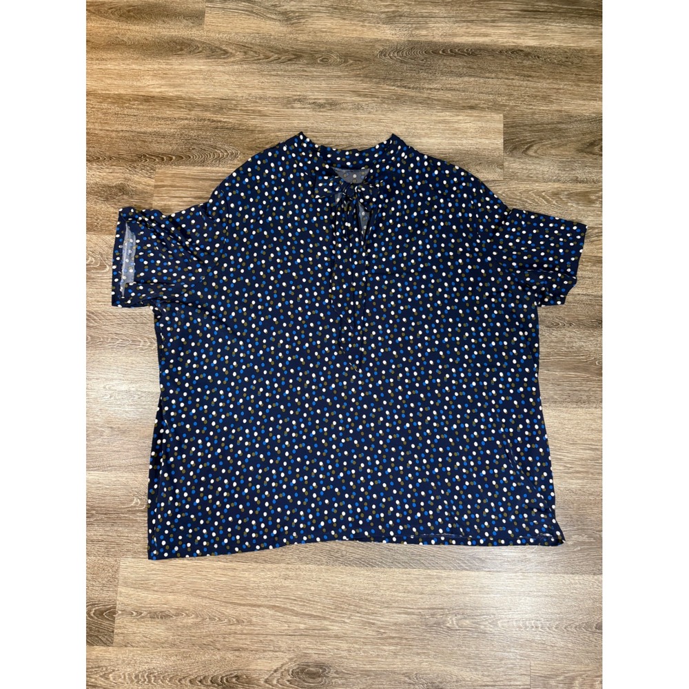 Plus Size 3X Blouse Polka Dot Tie Neck Navy Blue Short Sleeve Top Leota Academia
